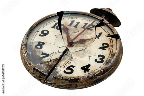 A broken antique pocket watch with cracked glass and a shattered face.  The time is frozen at 10:10.  The image conveys a sense of time lost and broken promises. photo