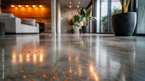 Interior view capturing the sheer elegance of a modern living space with polished floors and decorative plants