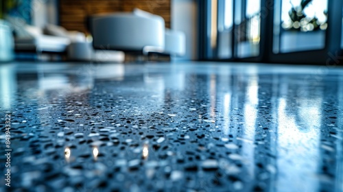 A detailed close-up showing the shiny surface of polished concrete flooring in a contemporary setting photo