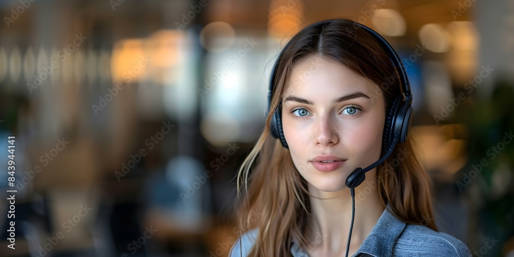 Juggling Tasks Young Businesswoman in Headset Multitasking between Calls and Office Duties. Concept Businesswoman, Multitasking, Office Duties, Phone Calls, Headset
