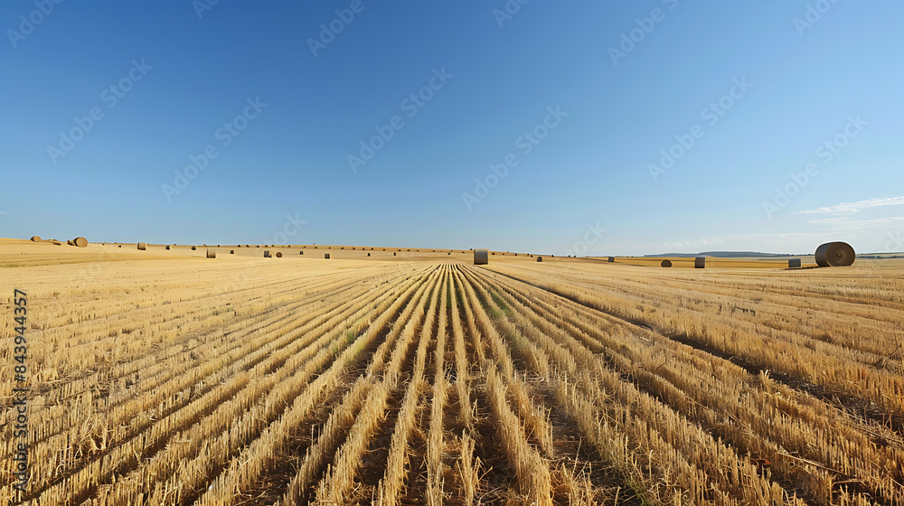 a field of hay with a clear blue sky and a field of hay bales. a field of hay with a clear blue sky and a field of hay bales.