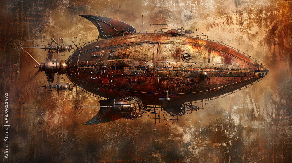 A whimsical steampunk airship with a rusty brown background A whimsical steampunk airship with a rusty brown background