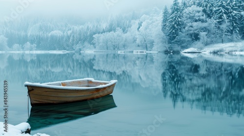 A serene winter landscape with a boat covered in snow, resting on the calm waters of a lake