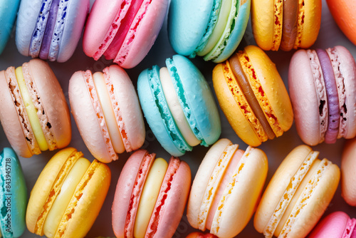 A close-up of various sweet colorful macarons stacked together