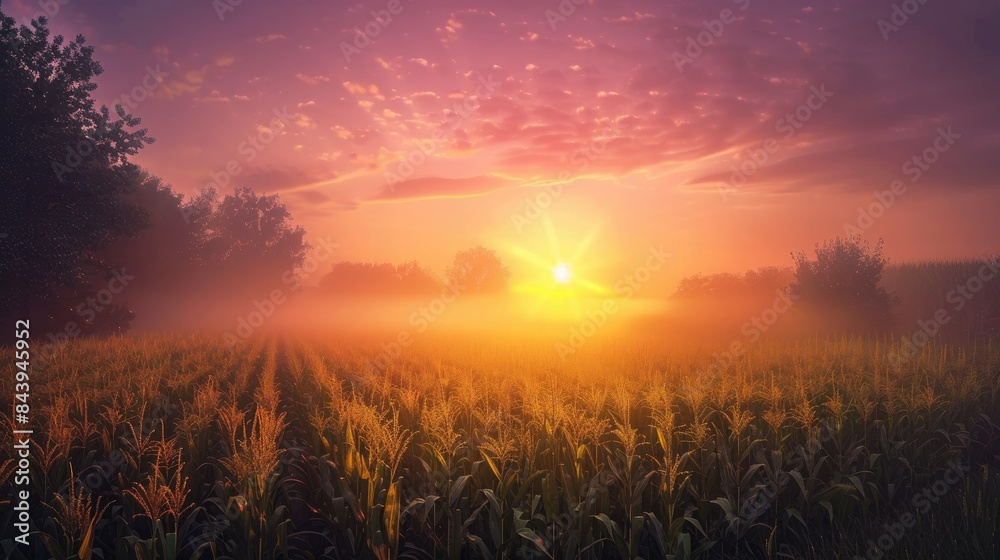 A picturesque sunrise illuminates the cornfield with a radiant warm glow A picturesque sunrise illuminates the cornfield with a radiant warm glow