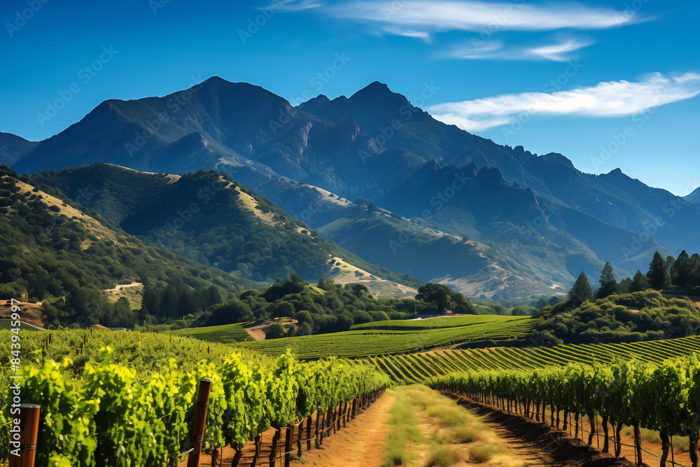Naklejka premium Scenic vineyard at the mountain on a bright sunny day with blue sky