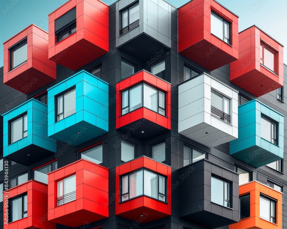 Modern Apartment Building with Vibrant Colorful Cubical Balconies and Windows in Urban Setting - Architectural Innovation and Design Modern Apartment Building with Vibrant Colorful Cubical Balconies and Windows in Urban Setting - Architectural Innovation and Design