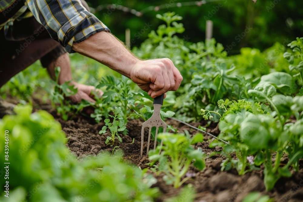 Gardener Weeding With Hand Fork in Vegetable Garden Gardener Weeding With Hand Fork in Vegetable Garden