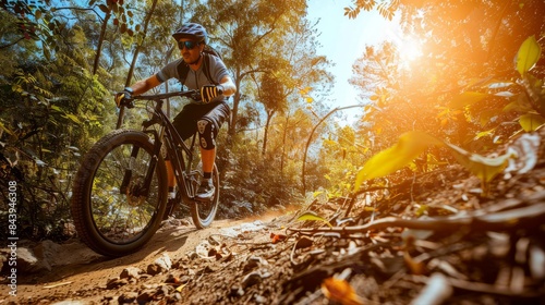 An action-packed moment of a mountain biker navigating a forest trail among vivid greenery and warm sunlight © familymedia