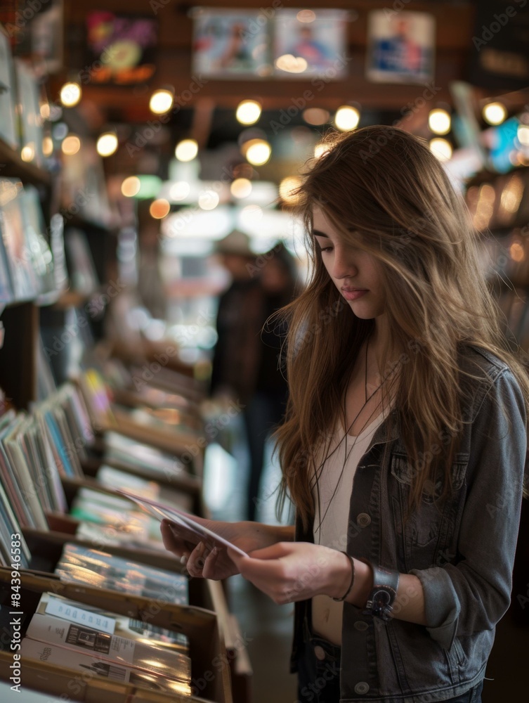 Fototapeta premium A woman in a bookstore looking at books on the shelf. AI.
