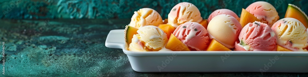 Elegant summer ice cream with orange cantaloupe scoops in a dish, ideal for copy space for text Elegant summer ice cream with orange cantaloupe scoops in a dish, ideal for copy space for text