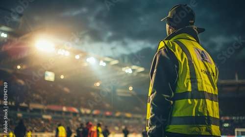 Security guard silhouette on duty at an evening sporting event, with stadium lights in the background
