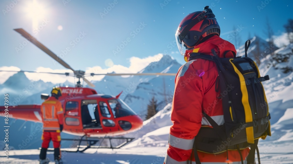 Mountain Rescue Team Member Prepares for Helicopter Flight Mountain Rescue Team Member Prepares for Helicopter Flight