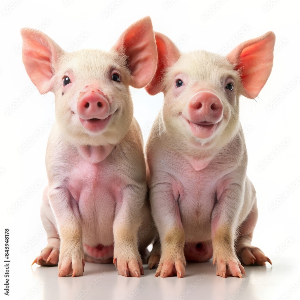 Two cute little pigs lift your spirits with their smiles while sitting side by side on a white background.
Two cute little pigs lift your spirits with their smiles while sitting side by side on a white background.