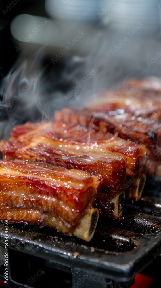Close Up of Juicy Pork Ribs Grilling on a Cast Iron Grill