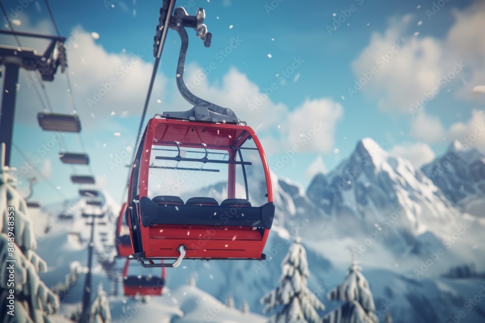 Red Gondola Ascending Mountainous Terrain in Snowy Winter Red Gondola Ascending Mountainous Terrain in Snowy Winter