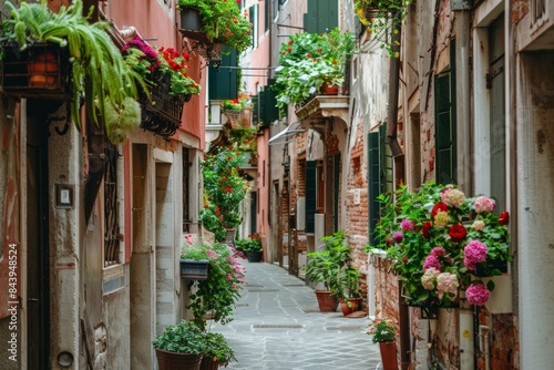 Flower-Filled Alleyway in Venice, Italy