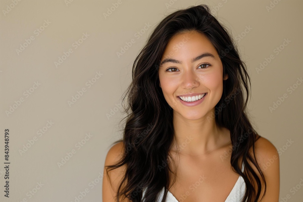 Portrait of a young woman with long dark hair and a radiant smile, captured against a neutral background, highlighting her natural beauty and confident demeanor in a minimalist setting. Generative AI Portrait of a young woman with long dark hair and a radiant smile, captured against a neutral background, highlighting her natural beauty and confident demeanor in a minimalist setting. Generative AI