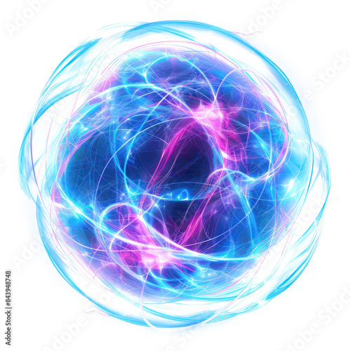 Glowing abstract energy sphere with vibrant blue and pink hues, representing futuristic technology, science, and energy concepts.
