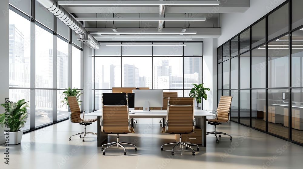 Fototapeta premium Modern Office Space with Bustling Cityscape View