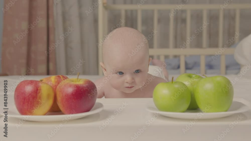Infant explore fresh apples in nursery, highlight importance of introduce healthy organic food to baby. Promote early exposure to nutritious, plant based diet choices, foster lifelong wellness habits. Infant explore fresh apples in nursery, highlight importance of introduce healthy organic food to baby. Promote early exposure to nutritious, plant based diet choices, foster lifelong wellness habits.
