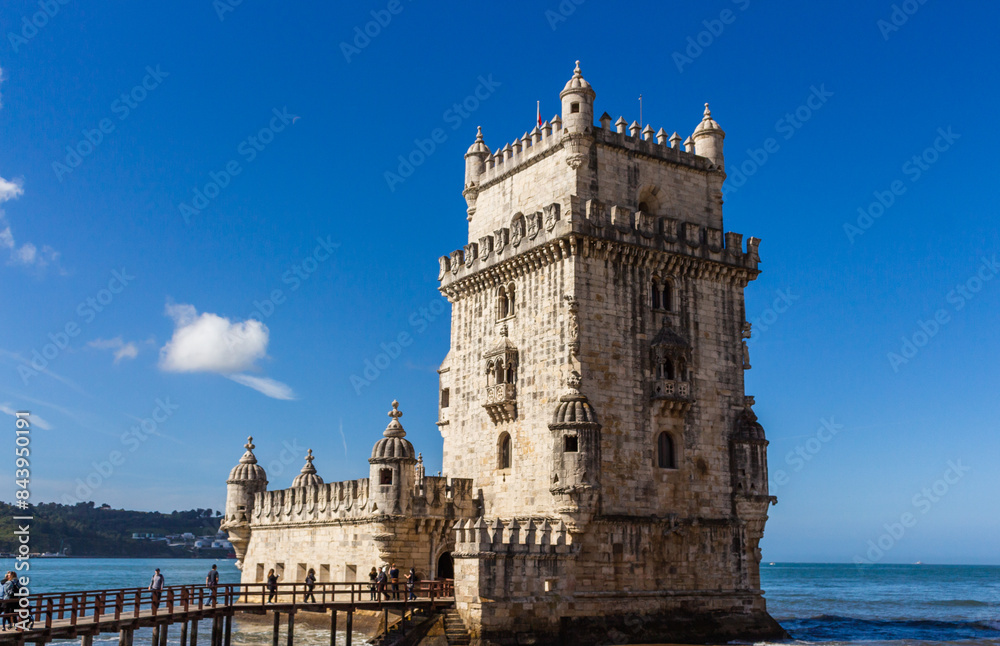 Lisbon, Portugal, April 24, 2022: The Belem Tower (Torre de Belém) was built between 1514 and 1520 in a Manueline style by the Portuguese architect and sculptor Francisco de Arruda.