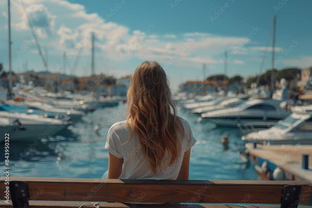 Girl Sitting on a Bench Overlooking Marina