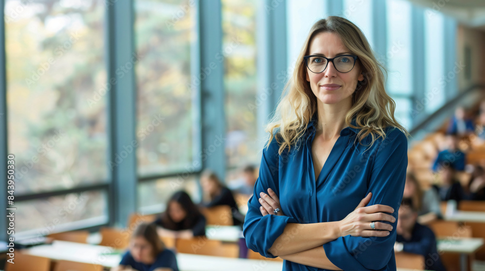 Confident professional woman standing in a lecture hall with students in the background Confident professional woman standing in a lecture hall with students in the background
