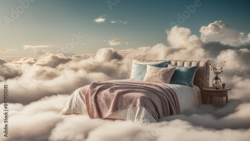 A cozy bed with pillows and blankets seemingly floating on clouds against a serene sky.Suitable for fantasy art, sleep product advertising photo