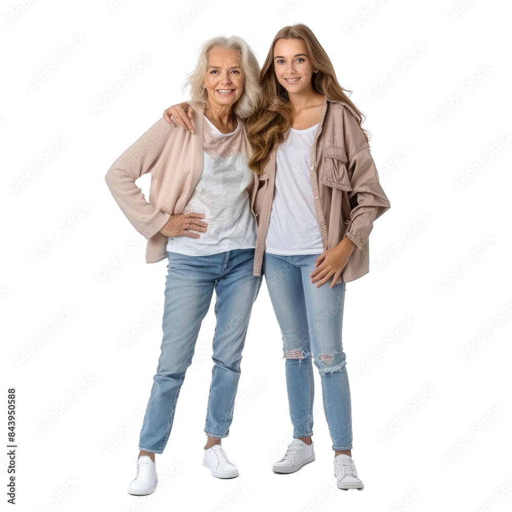 Smiling elderly woman and younger female adult posing in casual clothes on a transparent background Smiling elderly woman and younger female adult posing in casual clothes on a transparent background