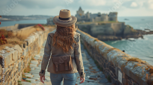 Touriste marchant sur les fortifications de la ville de Saint-Malo, visite touristique d'un monument historique en front de mer, vacances en France photo