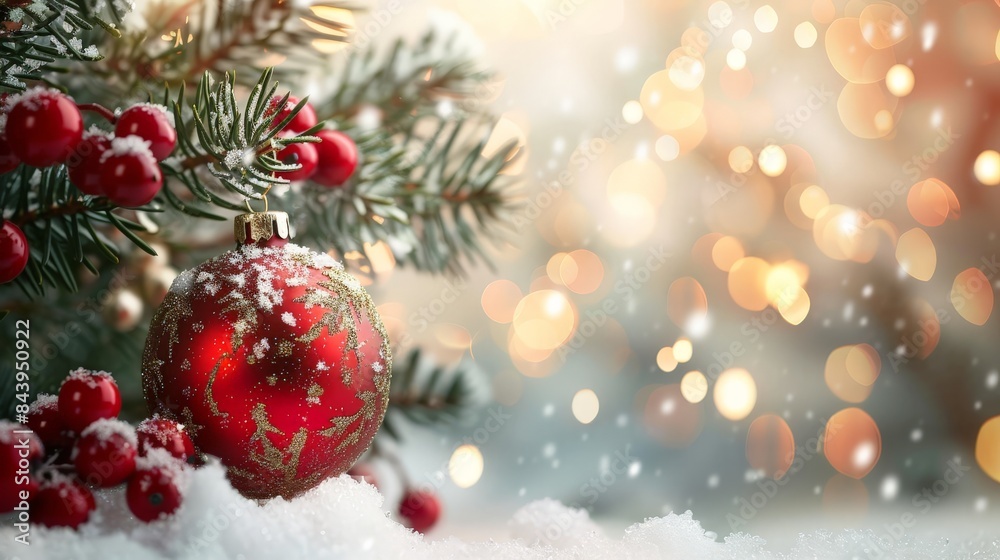 Red Christmas Ornament and Pine Branches with Bokeh Lights Red Christmas Ornament and Pine Branches with Bokeh Lights