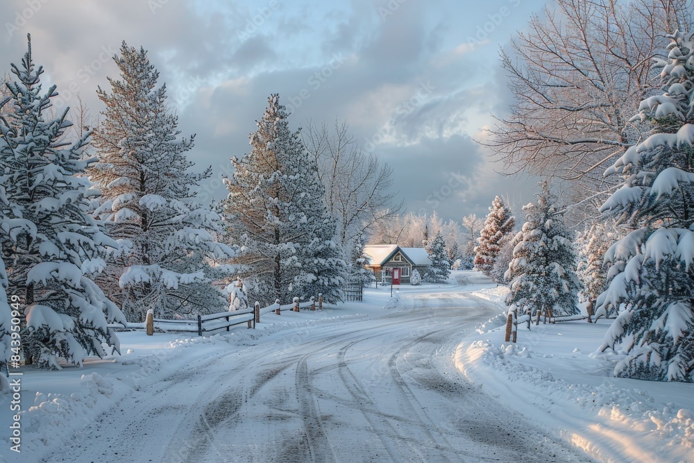 Snowy Winter Road Leading to Cozy Cabin Snowy Winter Road Leading to Cozy Cabin