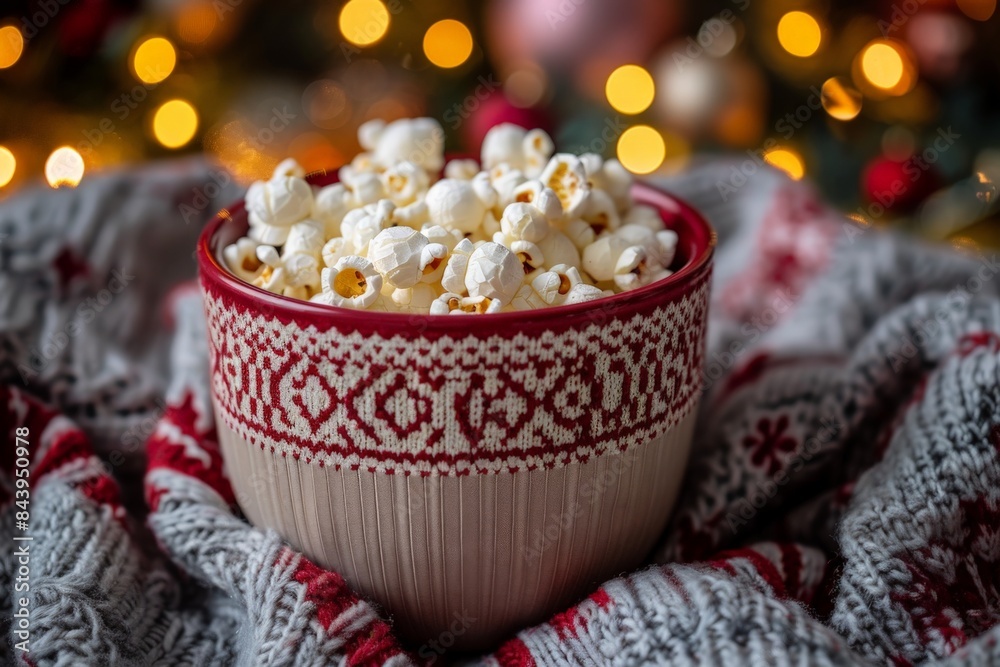 Cozy Bowl of Popcorn with Christmas Lights