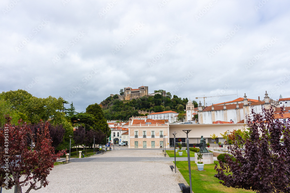 Leiria, Portugal, August 29, 2021: The Paulo VI Square, the Our Lady of the Immaculate Conception Cathedral and Leiria Castle.. Leiria, Portugal, August 29, 2021: The Paulo VI Square, the Our Lady of the Immaculate Conception Cathedral and Leiria Castle..