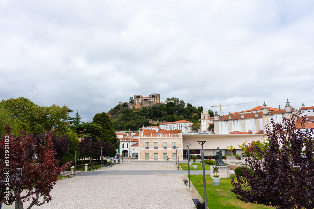 Leiria, Portugal, August 29, 2021: The Paulo VI Square, the Our Lady of the Immaculate Conception Cathedral and Leiria Castle..