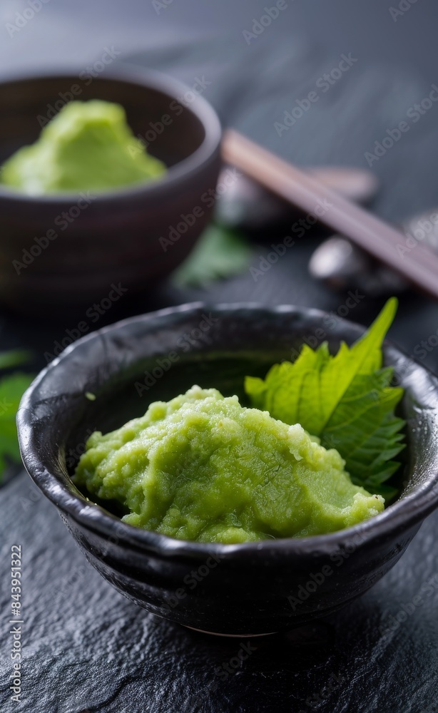 Green Wasabi Paste in a Black Bowl With a Leaf Garnish Green Wasabi Paste in a Black Bowl With a Leaf Garnish