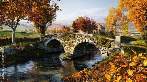  A classic arch bridge made of white marble, crossing over a serene canal in a beautiful, landscaped park. 