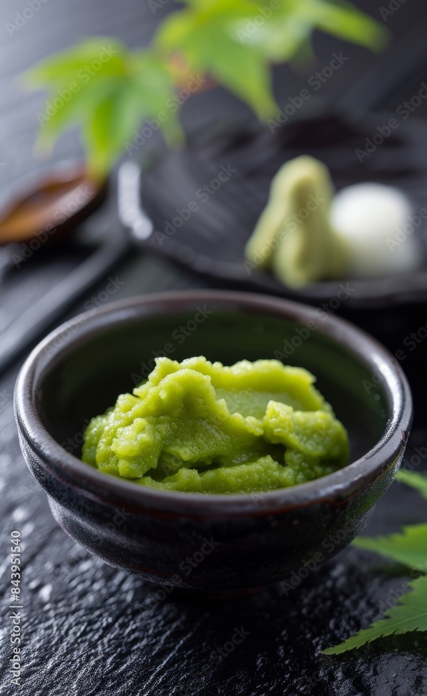 Green Wasabi Paste in a Black Bowl on a Dark Surface Green Wasabi Paste in a Black Bowl on a Dark Surface