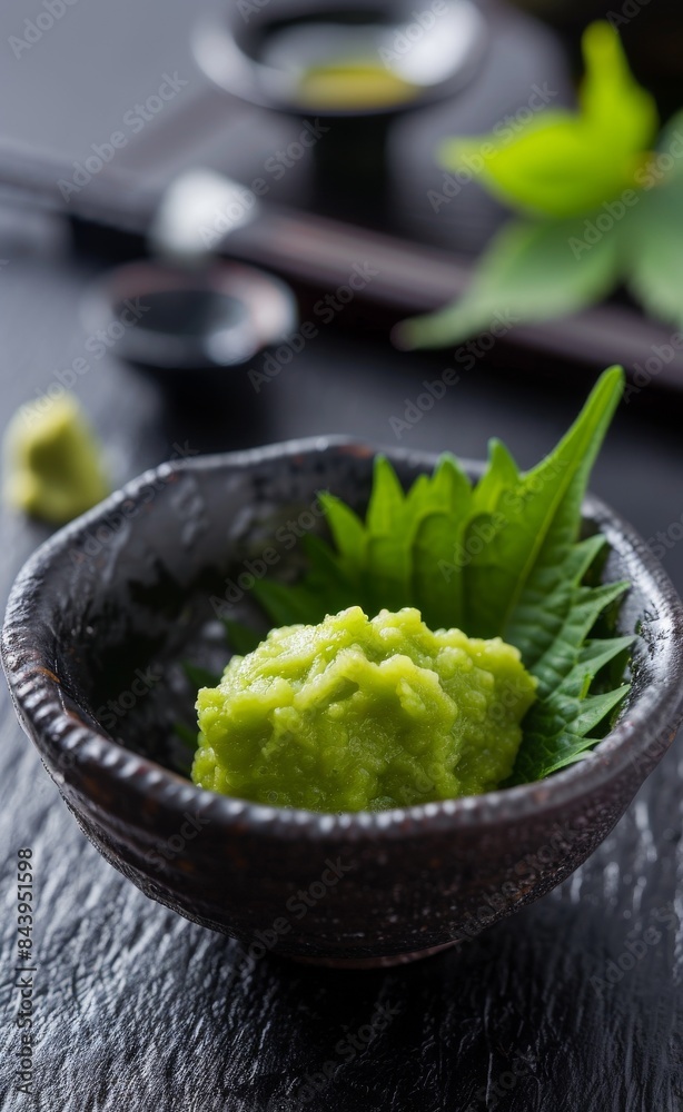 Green Wasabi Paste in Black Bowl With Perilla Leaves on Dark Surface Green Wasabi Paste in Black Bowl With Perilla Leaves on Dark Surface
