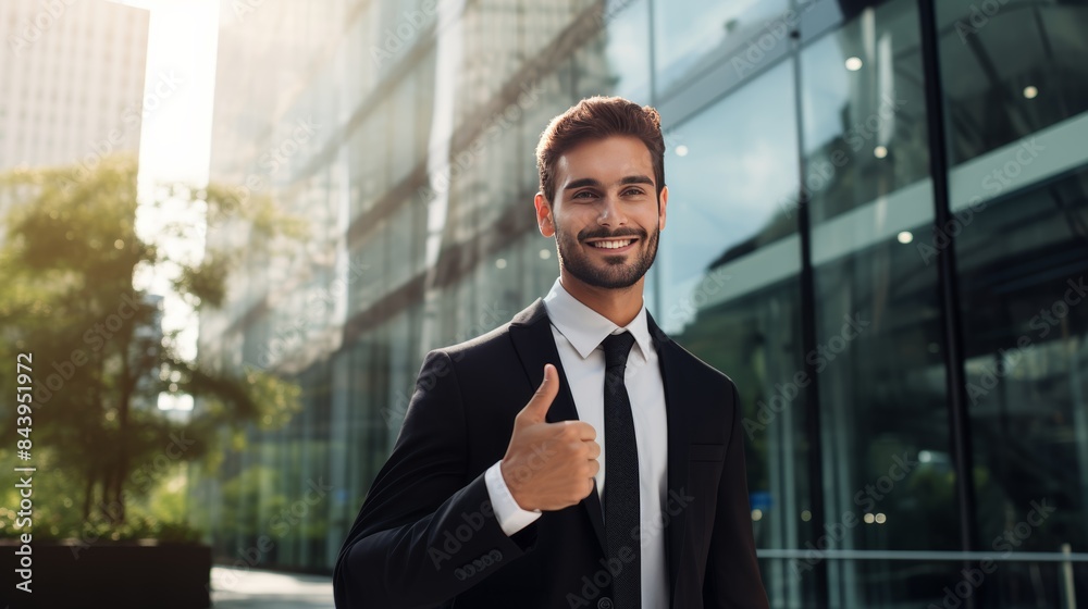 Picture of a businessman giving a thumbs up while walking out of a modern office building, representing success and achievement. Picture of a businessman giving a thumbs up while walking out of a modern office building, representing success and achievement.