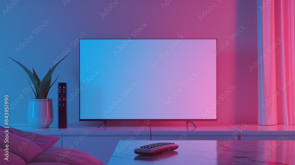 a modern living room with a flat screen television mounted on a white wall. 