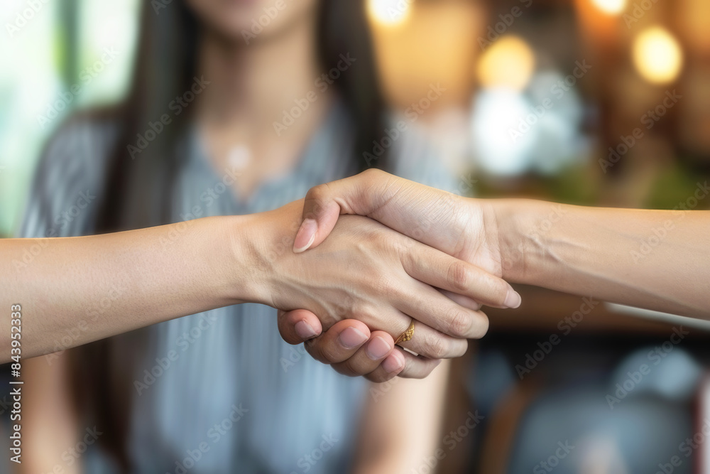 Handshake of two women in a casual party shows positive vibe