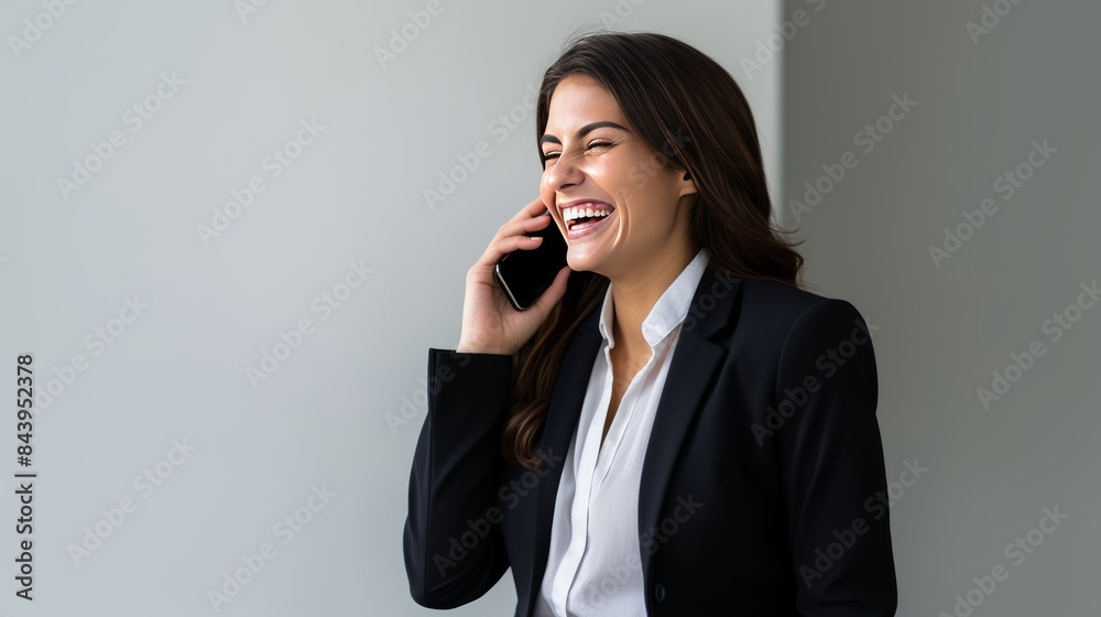 Picture of, a businesswoman smiling and laughing while talking on her phone, having a pleasant conversation, Picture of, a businesswoman smiling and laughing while talking on her phone, having a pleasant conversation,