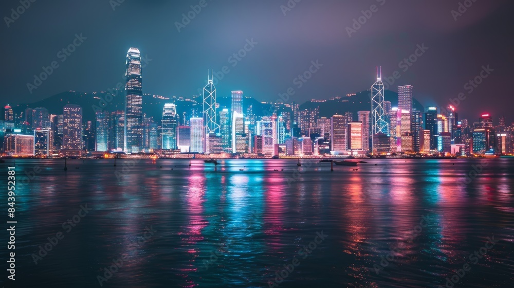 Fototapeta premium Picture of, a bustling city skyline at night, with twinkling lights reflecting off the calm waters of a harbor,