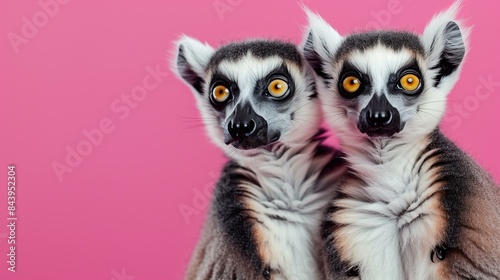 lemurs portrait solid pink color background © World of AI