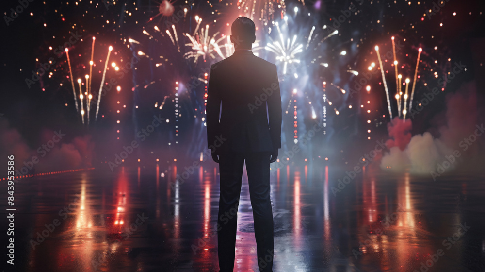 Silhouette of a man in a suit enjoying a vibrant fireworks celebration under the night sky Silhouette of a man in a suit enjoying a vibrant fireworks celebration under the night sky