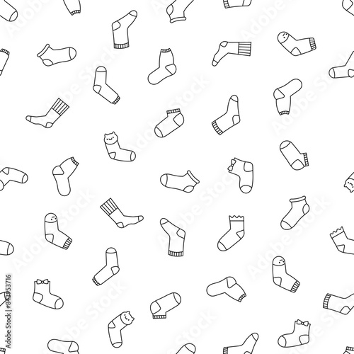 Winter warm socks. Seamless pattern. Coloring Page. Stylish cotton and woolen with different textures. Hand drawn style. Vector drawing. Design ornaments.
