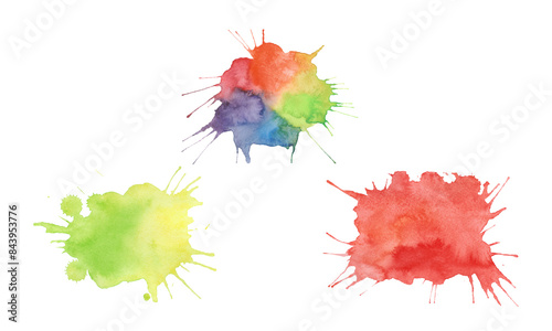 A colorful bright watercolor spot with drops and splashes isolated on a white background is hand-drawn. Abstract background for design, decoration, advertising with space for text.  photo
