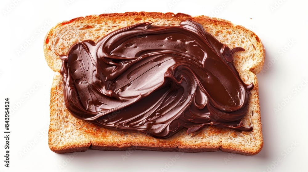 Slice of toasted bread covered with chocolate hazelnut spread on white background Slice of toasted bread covered with chocolate hazelnut spread on white background